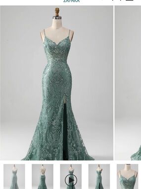 Sparkly Grey Green Mermaid Spaghetti Straps Long Prom Dress with Beading